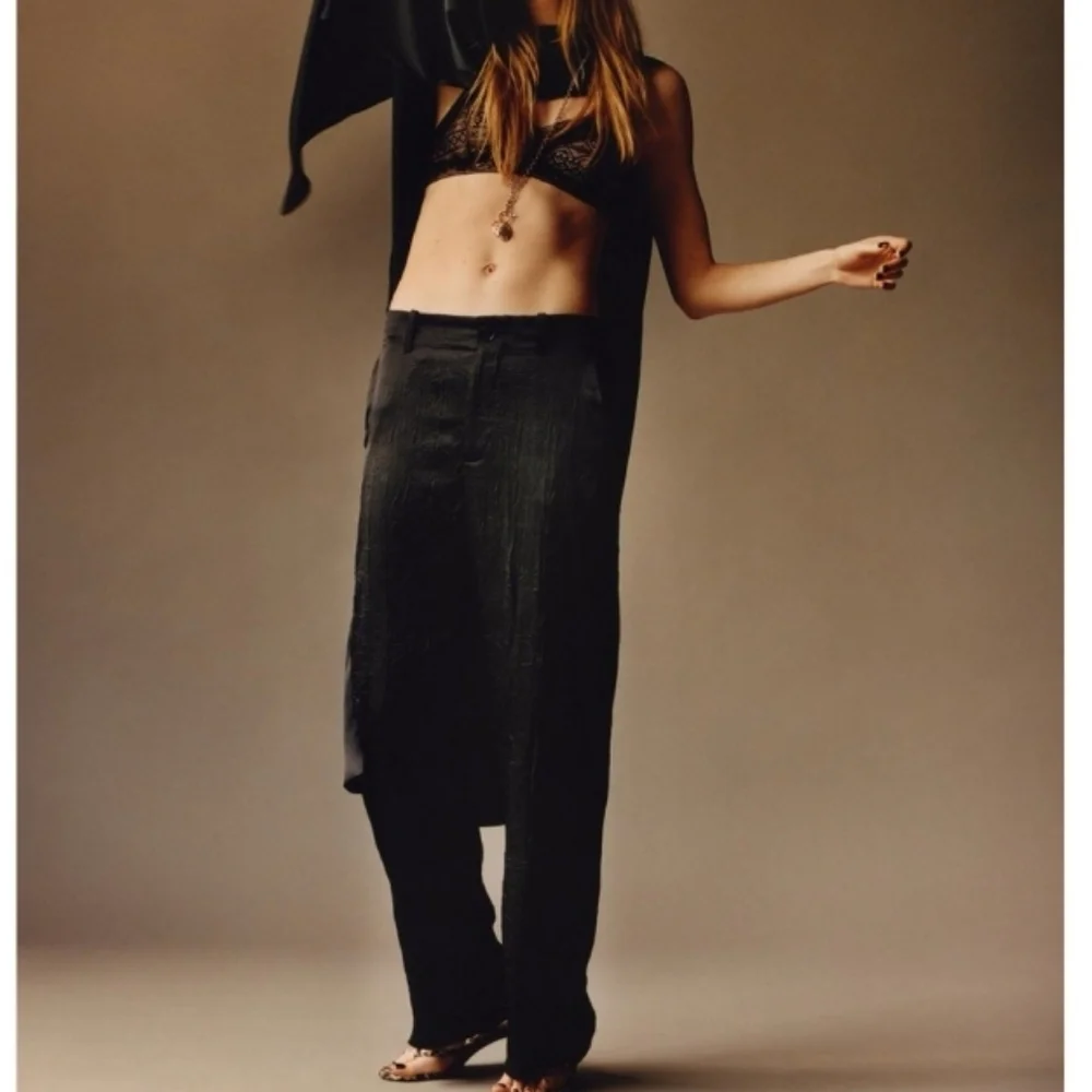 Zara Zw Collection Satin Effect Crinkle Straight Leg Pants Sz-XL
